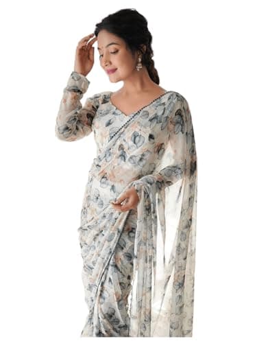 Sidhidata Women's Georgette Printed Ready To Wear one Minute Saree With Unstitched Blouse Piece (RTW Black Leaf_Black_Free Size)