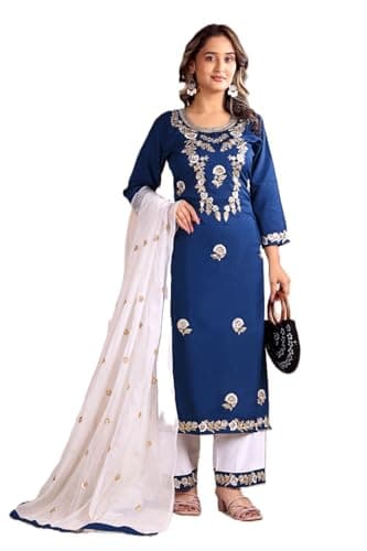 Shivyaana enterprise Women’s Royal Azure Embroidered Kurta Pant Dupatta Set | Ethnic Suit Set for Festive, Party & Traditional Wear (US, Alpha, XX-Large, Regular, Regular, Blue)