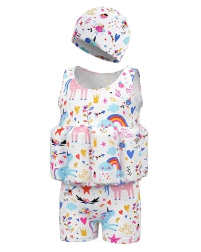 DivingBirds Toddler Floatie Swimsuit with Hat for Boys Girls, Sleeveless One Piece Floating Swim Suit with Built-in Floatation for Pool Beach, White, 1-2Y