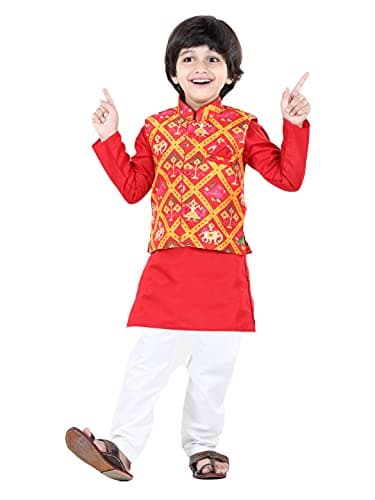 BownBee Kids Cotton Kurta Pyjama set with Silk Waistcoat(Nehru Jacket) for Boys - Ethnic 3 Piece Traditional Wear Set - Indian Style Wedding Dress for Kids Red/White