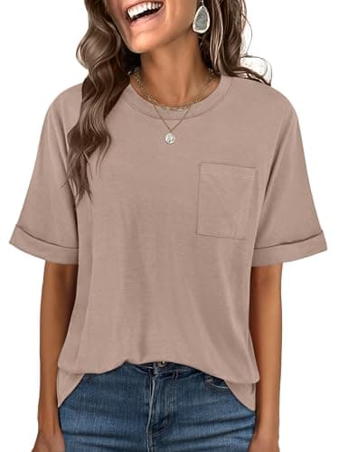 ANRABESS Women Oversized T Shirts Short Sleeve Summer Casual Loose Top Basic Tee with Pocket Khaki Small