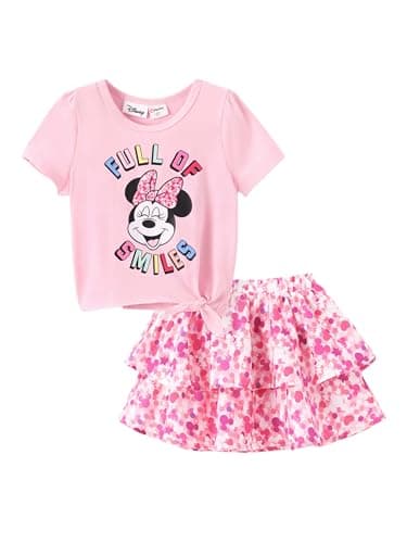 Disney Mickey and Friends Toddler Girl Dress： Minnie Mouse 2PCS Skirt Set Summer T-shirt Dress Short Sleeves Tie Knot Top and Tiered Ruffle Skirts Outfit Pink 4-5t