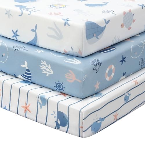 FIEMOL Baby Mini Crib Sheets Boy, Portable 38”x26” Pack and Play Sheets Fitted for Playard and Pack N Play Mattress, 3-Pack Soft Microfiber Blue Ocean Whale
