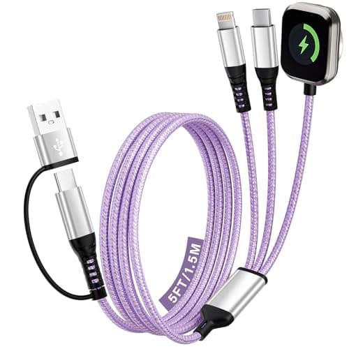 Travel Essentials, 3 in 2 USB A/C Cable to iPhone 17 Charger/iWatch Charger/IP, Braided Multi Charging Cable Cord, RV Camping Essentials, Designed for iWatch Series & iPhone17-11/iPad [Purple, 5FT]