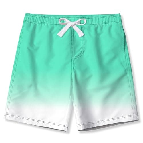 uideazone Board Shorts for Boys Swim Trunks with Mesh Liner Beach Surfing Swimsuit Light Green Gradient Quick Dry Bathing Suit Swimwear Size 6 7 8 for Kids Rafting Diving Snorkeling Swimming Slides