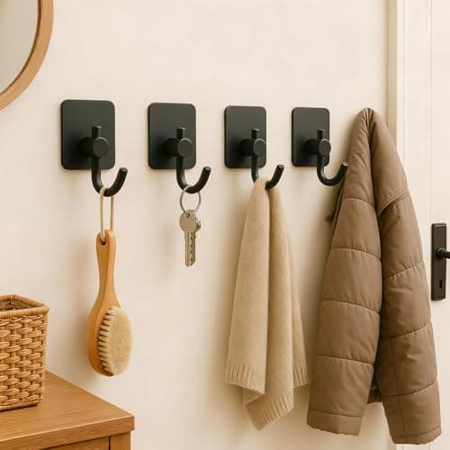 LONGstar 2-Pack Heavy Duty Adhesive Hooks, Self Adhesive Wall Hooks for Bathroom & Kitchen, Strong Style Hold 5lbs, No Drill Damage Free Hanging for Towels, Coats, Hats (Black)
