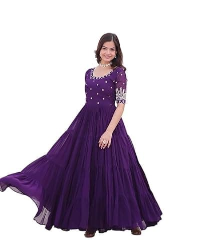Women's Georgette Embroidered Flared Anarkali Gown – Traditional Indian Ethnic Wear (US, Alpha, Large, Regular, Regular, Purple)