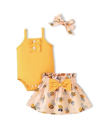 PaPaai Sara 0-3 Months Newborn Girl Clothes Baby Girl Dress Summer Infant Outfit Sleeveless Romper Yellow Bee Printing Skirt Cute Headband 3PCS Clothing Set