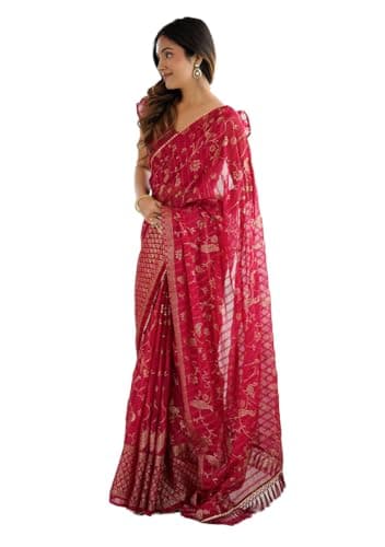 Indya Pink Embroidery Silk Blended Saree Set for Festive | Indian Ethnic Wear