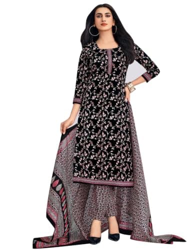 ladyline Womens 100% Cotton Jaipuri Printed Salwar Kameez Suit – Ethnic Kurta, Pants & Mal Dupatta Set | Indian Punjabi Dress (CPSK DTCG) (52/ Black)