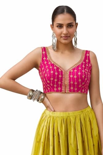 TRENDMALLS Women's Dhupion Silk Embroidery Sequence Work Blouse Choli Stylish Saree Blouse Ready to Wear (B12-Pink-Free)