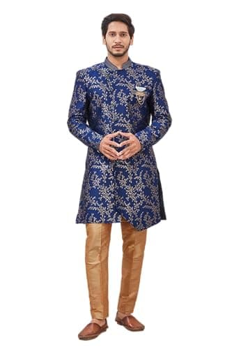 Shreyanvi Indian Designer Wedding Festive Wear Jacquard Fabric Indo-Western Sherwani Pajama Set For Men