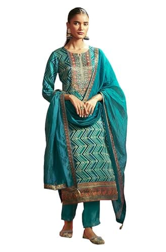 Janasya Indian Women's Turquoise Festive Wear Kurta Set for Women