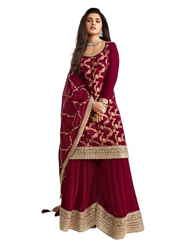 TRENDMALLS Women’s Jaquard Silk Embroidery sequence Work Kurta Palazzo With Dupatta (G300-Maroon-XXL)