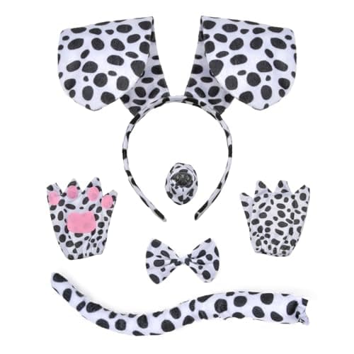 Abitoncc Dalmatian Puppy Dog Costume Set for Adults, 5Pcs Animal Dress Up Kit with Ears Headband Dachshund Puppy, Nose, Tail, Bow Tie & Pink Gloves, Fun Halloween Party Outfit.