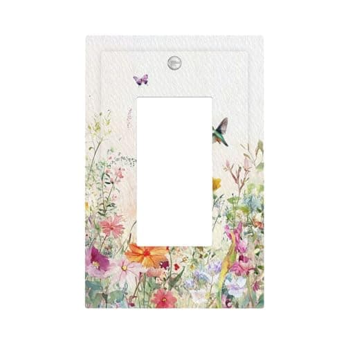 VGHOKO Decorative Outlet Covers with Watercolor Garden Blooming Flowers Hummingbirds & Butterflies Design 1 Gang Rocker Light Switch Covers Single Decora Gfci Device Wall Plate for Bedroom Art