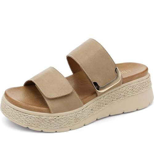 UBFEN Womens Espadrille Platform Sandals Low Wedge Slides Orthopedic Arch Support Two Adjustable Straps Dressy Casual Sandals for Beach Summer Walking Khaki Size US 8