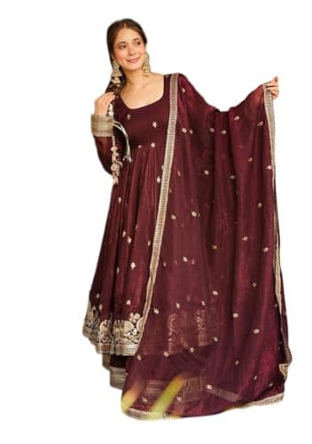 Indya Maroon Embroidered Silk Blended Anarkali Set for Festive | Long Sleeve | Crew Neck | Indian Ethnic Wear