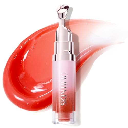 SKINTIFIC Peptide Brightening Lip Serum, Hydrating & Plumping Tinted Lip Gloss, Moisturizing Lip Balm with Polypeptides & Squalane for Glossy Sheer, Smooth Lips(15U Juicy Peach)