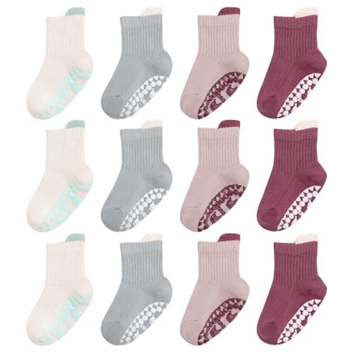 scenicamp 12 Pack Toddler Non Slip Grip Socks Cotton Ankle Crew Socks with Grippers Cute Seamless for Kids Unisex Baby Boys Girls, 1-3T