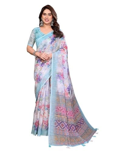 EVERYDAY CREATIONS Women's Linen Cotton Silk Saree With Unstitched Blouse Piece (Blue)
