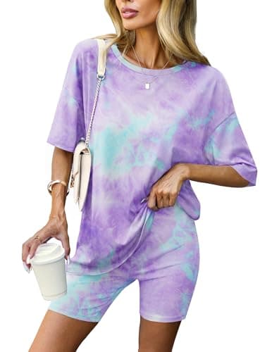 Ekouaer Lounge Sets Summer Outfits Oversized Short Sets Purple Tie-Dye XL