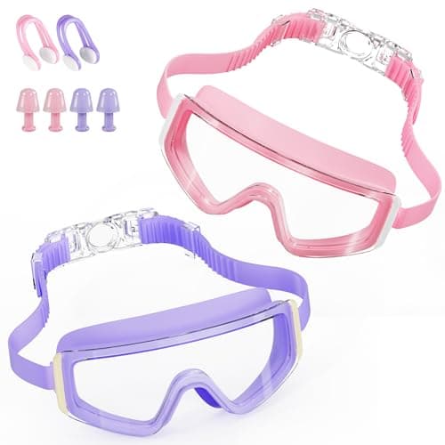 Aegend Kids Swim Goggles 2 Pack – Large Frame Anti Fog Soft Silicone Leak Proof UV Protection for Boys Girls Age 3-15 (Pink/Clear +Purple/Transparent)