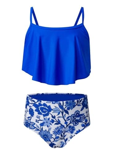 blibean Tween Girls Swimsuits Little Kids Summer Two Piece Bikini Sets Teen Girl Fashion Boho Hawaii Swim Bathing Suits Ruffled Beach Swimwear Traje Baño Niñas Size 14-15 Year Old Dark Blue