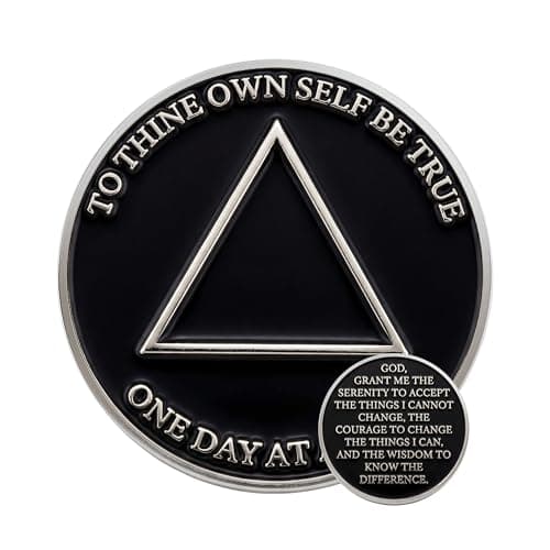 Milestone Mint Affirmation Sobriety Coin Triangle Symbol - Sobriety Chips, Recovery Coin Medallions w/Serenity Prayer, 34mm Raised Metal Matte Enamel, Nickel Plating – Acrylic Capsule & Stand - Black