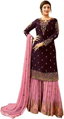 stylishfashion ready to wear new christmas indian pakistani eid wear dress designer palazzo sharara salwar kameez suits (US, Numeric, 46, Regular, Regular, Wine)