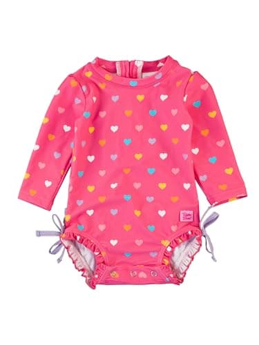 RuffleButts Baby Girls UPF 50+ Sun Protection Polka Dot Long Sleeve One Piece Rash Guard Swimsuit with Zipper - Colorful Hearts, 18-24m