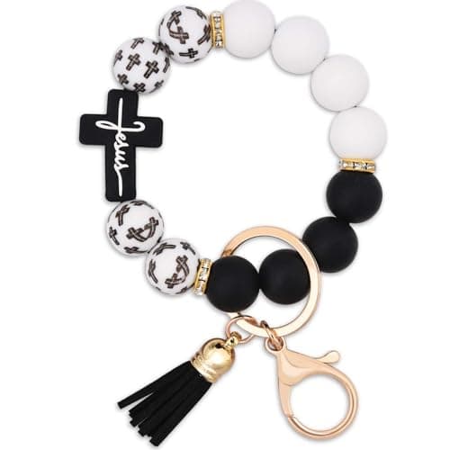 BAOSIWA Silicone Beaded Keychain Wristlet Key Ring Bracelet Cross Car Key Chain Holder for Women Girls