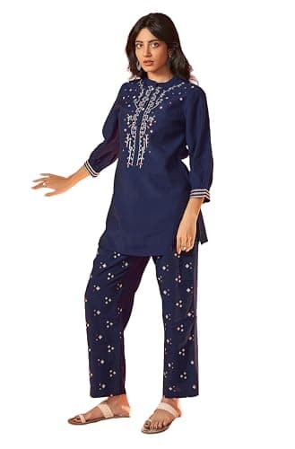 Janasya Indian Women's Blue Festive Embroidered Kurta Set for Women