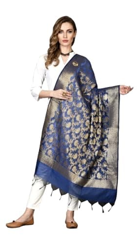 Naveera Cotton Silk Zari Work Banarasi Dupatta for Women, Stole Scarf Wrap Chunni (Royal Blue)