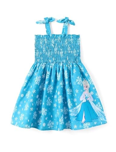 Disney Frozen Girls Dress Elsa Character Print Bow Tie Straps Floral Summer Clothes Smocking Beach Holiday Sundress Sky Blue Size 6-7