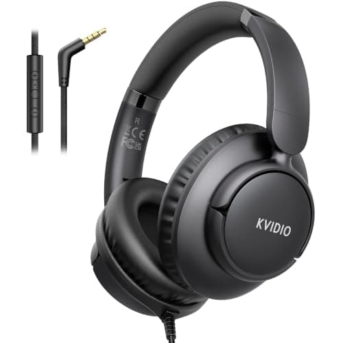 KVIDIO Wired Headphones with Microphone, Over Ear Lightweight Foldable 3.5mm Plug in Corded Headphones Wired with Volume Control, 4.9ft Tangle-Free Cord for Tablet Laptop MP3/4 School Travel Black