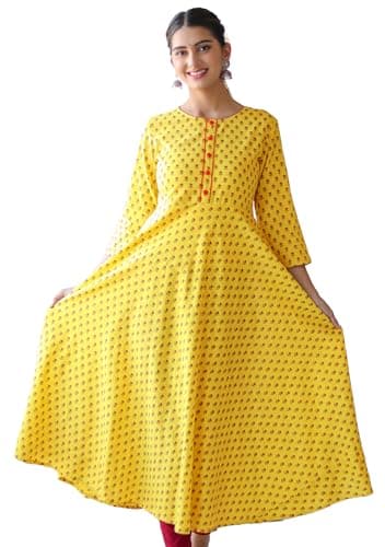 Yash Gallery Women's Floral Printed Anarkali Kurta for Women (Yellow,L)