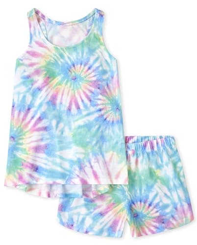 The Children's PlaceThe Children's Place Girls Sleeveless Tank Top and Shorts 2 Piece Pajama SetTEAL/PINK TIE DYELarge (10/12)