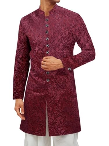 Runcati Mens Kurta Sherwani Coats Kaftan Indian Ethnic Royal Suits Mandarin Collar Wedding Festive Party Blazer Burgundy