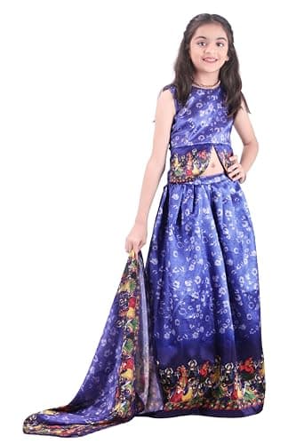 BLOOMBUD Girls Silk Blend Indian Ethnic Lehenga Choli Set with Dupatta – Printed Silk Party Wear Dress for Festivals & Weddings (Royal, 5-6 Years)