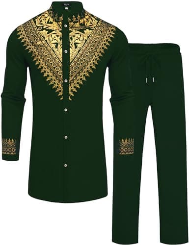 ZSJR Mens African 2 Piece Set African Suit Red Yellow Green African Dresses for Men Elegant Men Outfit Set Black and Gold Thobe for Men Black Sherwani Igbo Traditional Attire for Men Metallic Dashiki