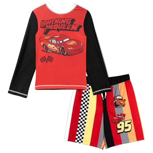 Disney Cars 2 Toddler Boys' Racing 2-Piece Swim Shirt and Board Shorts Set with Drawstring McQueen Mater Red 3T