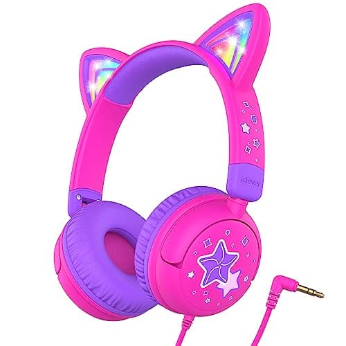 iClever Kids Headphones Cat Ear, LED Light Up, 85dBA Safe Volume, Stereo Sound Toddler Headphones for Travel School, Foldable 3.5mm Wired Kids Headphone for iPad Tablets, Meow Lollipop-Hot Pink