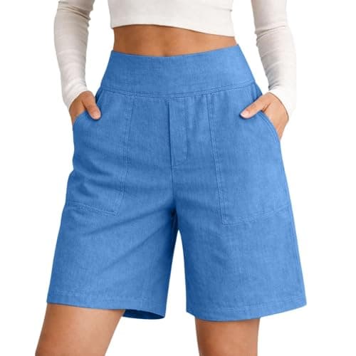 Summer Linen Shorts For Women High Waisted Casual 2026 Beach Vacation Bermuda Cropped Pants With Pockets Ladies Lightweight Cotton Gauze Plus Size Comfy Flowy Dressy Lounge Loose Pull On Light Blue L