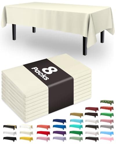 Pureegg Plastic Table Cloth Disposable 8 Pack, 54 x 108 Inch Table Cloths, Party, Wedding, Thanksgiving Decorations, Fall Tablecloths, Rectangle, Beige Plastic Cover, Leakproof & Sturdy, Cream, Ivory
