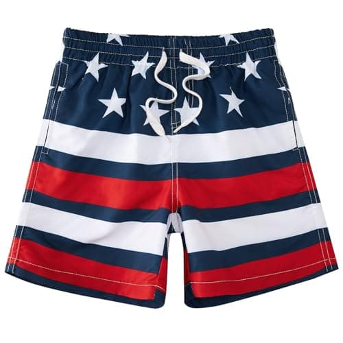 Cozople Boys USA Flag Swim Trunks Quick Dry UPF50+ Bathing Suit with Mesh Liner Summer Gym Workout Running Shorts Size 9-10