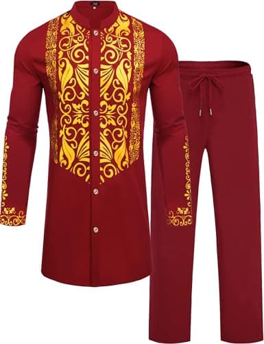 ZSJR African Suit for Men - Red, Yellow, Green Elegant Outfit Set - Black and Gold Thobe, Sherwani, Igbo Traditional Attire, Metallic Dashiki - Wine Red XL