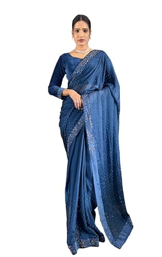 STELLACOUTURE Indian Silk One Minute ready to wear diamond work saree for Women with velvet blouse ST-048 (Turquoise)