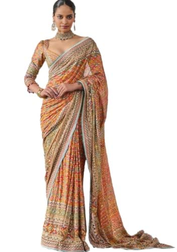 Indya Light Yellow Printed Silk Blended Saree Set for Festive | Indian Ethnic Wear
