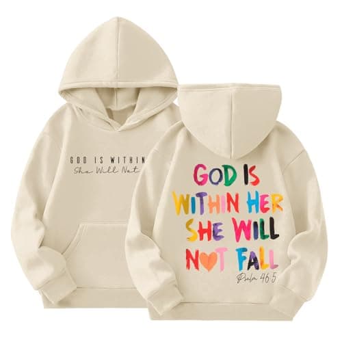 Sulayesh God is Within Her She Will Not Fall Hoodies for Girls Christian Jesus Sweatshirt Religious Bible Verse Preppy Top（Apricot,5-6 Years